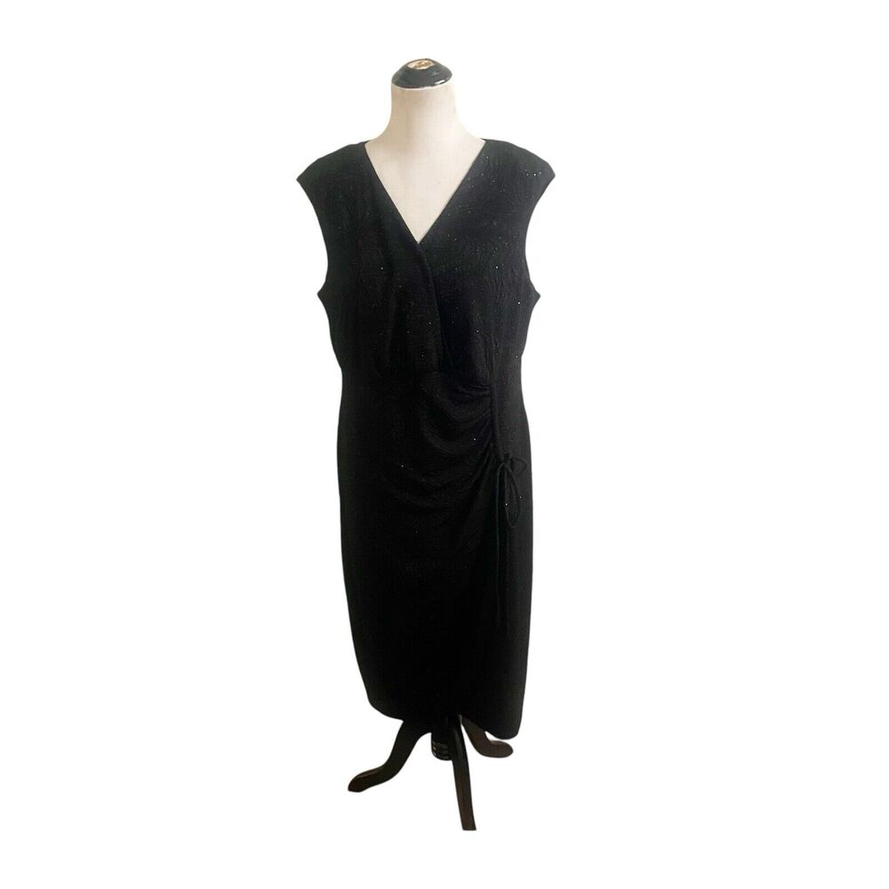 Alfani Faux Wrap Dress Ruched Black Metallic Sparkly Midi Plus Size 16W Holiday